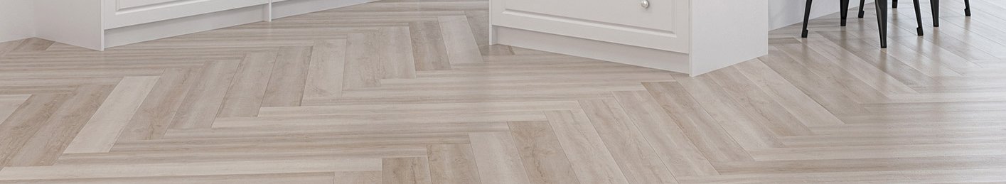 Linoleum im Fischgrät-Look - stylish und schick Küche mit Linoleum in Fischgrätmuster in hellem Grau