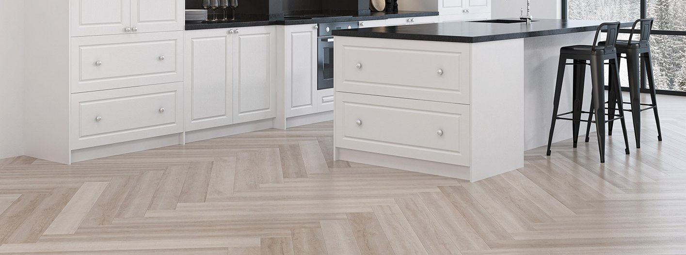 Linoleum im Fischgrät-Look - stylish und schick Küche mit Linoleum in Fischgrätmuster in hellem Grau